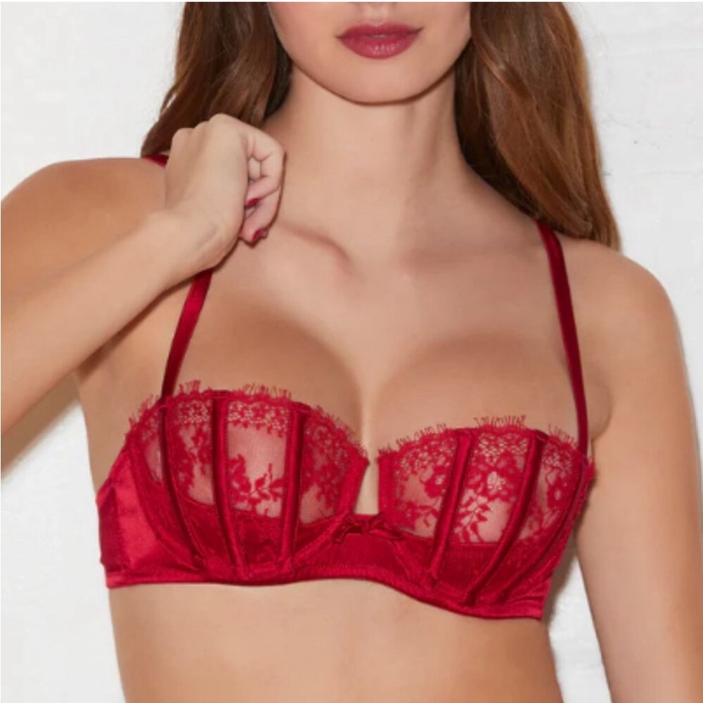 Fleur du Mal Frankie Lace Boned Balconette Bra Red Size 32B
